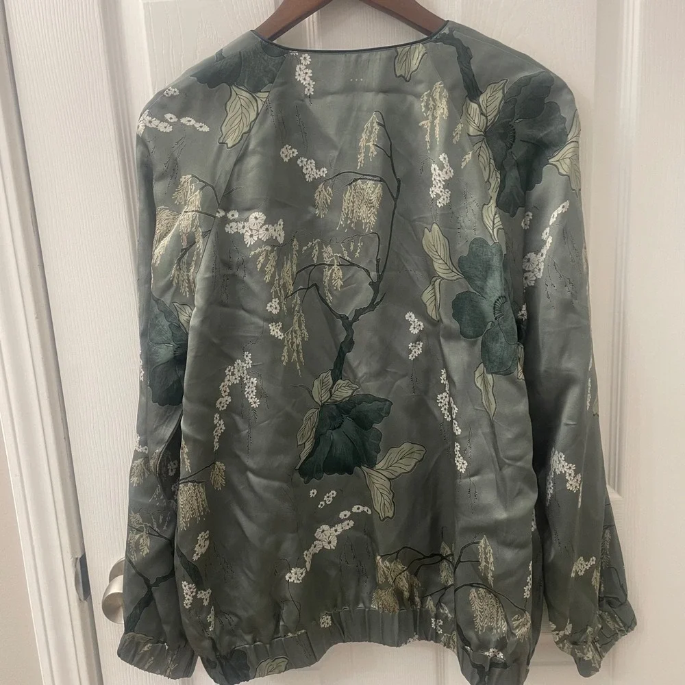 Rituals Satin Floral Bomber Jacket XL Sage Green Art -to- Wear Art Teacher